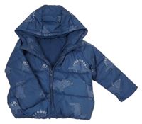 Tmavomodrá prošívaná šusťáková zimní bunda s dinosaury a kapucí zn. St. Bernard