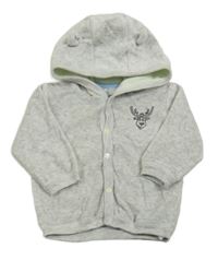 Světlešedá melírovaná sametová propínací mikina se sobem a kapucí s oušky Ergee