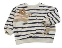 Smetanovo-tmavomodrá pruhovaná oversize mikina s pejskem Next