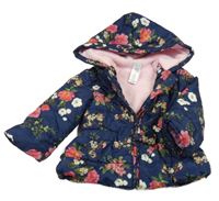 Tmavomodrá prošívaná šusťáková přechodová parka s kytičkami a mašlí a kapucí Little Me