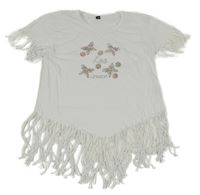 Bílé tričko s motýlky z kamínků a třásněmi 