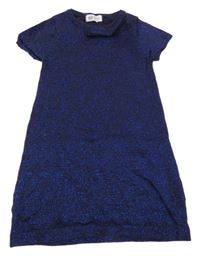 Tmavomodro-třpytivě safírové melírované svetrové šaty s mašlí H&M