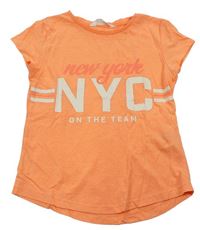 Neonově oranžové tričko s pruhy a nápisy zn. H&M