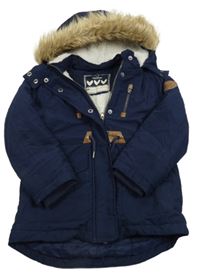 Tmavomodrá šusťáková zimní parka s kapucí s kožešinou Topolino