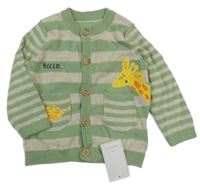 Nové - Zeleno-béžový pruhovaný propínací svetr s žirafou Mothercare