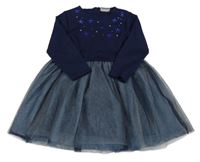 Tmavomodré šaty s kamínky a tylovou sukní Topolino