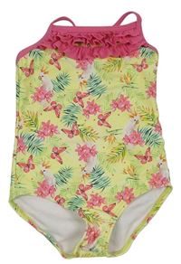 Žluté květované jednodílné plavky s motýly a volánky Pusblu