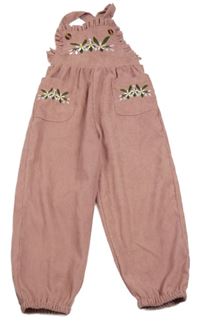 Starorůžové žebrované laclové kalhoty s výšivkami květin Shein