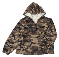 Hnědo-černá army šusťáková lehce zateplená bunda s kapucí Shein