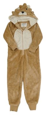 Hnědo-smetanová plyšová kombinéza s kapucí - lev