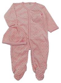 2 set - růžový sametový overal s hvězdičkami + čepice 