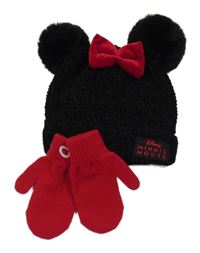 2 set - černá žinylková podšitá čepice s bambulemi - Minnie + červené pletené palcové rukavice George