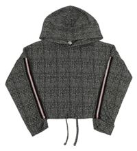 Černo-bílo-šedá kostkovaná crop mikina s pruhy a kapucí Matalan
