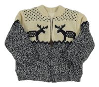 Smetanovo-bílo-tmavomodrý melírovaný propínací zateplený svetr se soby zn. St. Bernard