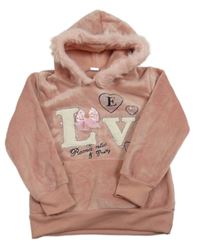 Růžová plyšová mikina s nápisem a kapucí s kožešinou 