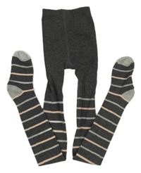 Šedo-růžové pruhované punčocháče