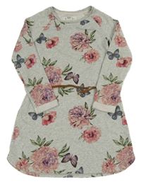 Světlešedo-růžové květované teplákové šaty s páskem H&M