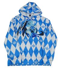 Modro-bílá károvaná mikina s potiskem a kapucí 