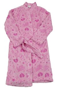 Růžový chlupatý župan se srdíčky a nápisy
