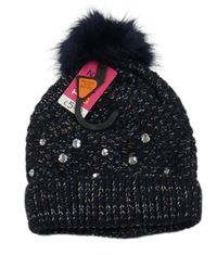 Nové - Tmavomodrá třpytivá čepice s kamínky a bambulí Nutmeg 