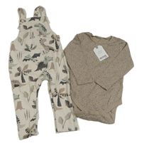 2set - Světlebéžové laclové tepláky s dinosaury + vzorované body zn. Next