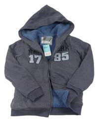 Nová - tmavomodro/šedá melírovaná propínací zateplená mikina s číslem a nápisem a kapucí alive