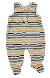 Bílo-hnědo-oranžové pruhované sametové dupačky s medvídkem