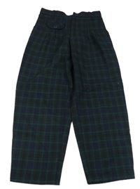 Tmavomodro-černo-tmavozelené vlněné kostkované kalhoty