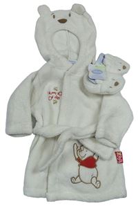 2set - Smetanový chlupatý župan s kapucí + capáčky - medvídek Pú Disney
