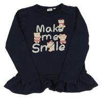 Tmavomodrá peplum mikina s nápisem a medvídky Blukids