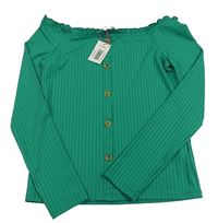 Zelené žebrované crop triko s knoflíky a lodičkovým výstřihem Candy Couture