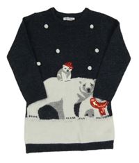 Tmavomodro-bílé melírované svetrové šaty s ledními medvídky s flitry a bambulkami PRIMARK