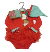 Nové - 3Set - Červeno-zelené vánoční body s tylovými volánky s bambulkami + čepice + punčocháče - elf Tu