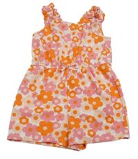 Bílo-růžovo-tmavooranžový květovaný vzorovaný kraťasový overal PRIMARK