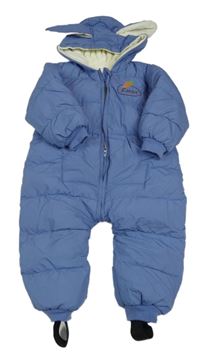 Modrá prošívaná šusťáková zimní kombinéza s mrkvičkou a kapucí s oušky 