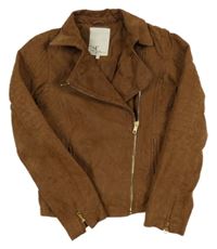 Hnědý kožený jarní crop křivák s límečkem SUPERRASH