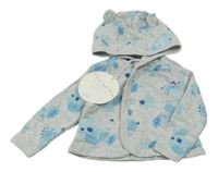 Nové - šedá melírovaná vzorovaná propínací slabá mikina s listy a sluníčky a obláčky a kapucí LEIGH TUCKER