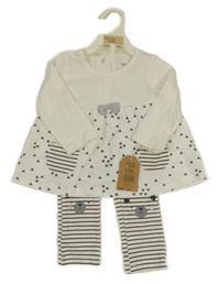 Nové - 2Set - Bílá tunika se srdíčky a mašlí + bílo/černé pruhované legíny s medvídky chick pea