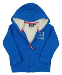 Cobaltově modrá propínací zateplená mikina s nápisy a kapucí SALTROCK