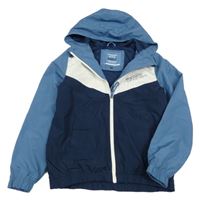 Modrošedo-bílo-tmavomodrá šusťáková jarní bunda s nápisy a kapucí C&A