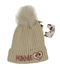 Nové - béžová žebrovaná pletená čepice s Minnie a bambulí PRIMARK