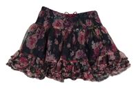 Tmavomodro-růžová květovaná tylová sukně H&M