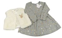 2set - Šedé melírované bavlněné šaty s Mickeym + krémová kožešinová podšitá vesta Primark