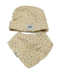 2set - Béžová puntíkatá bavlněná čepice + slinták