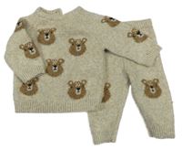 2set - Béžový melírovaný vlněný svetr s medvědy + tepláky F&F