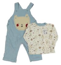 2set - Světlemodré manšestrové laclové kalhoty s medvědem + smetanové triko se zvířaty