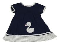Tmavomodré bavlněné šaty s labutí a puntíky