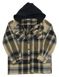 Béžovo-černá kostkovaná lehká košilová bunda s kapucí Matalan