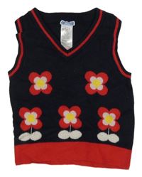 Tmavomodro-červená pletená vesta s květinami 