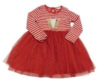 Červeno-bílé pruhované šaty se sobem a tylovou sukní 